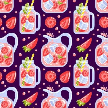 Seamless pattern with refreshing strawberry lemonade in a pitcher. Bright Stock Illustration