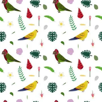 Seamless pattern with regent and red fan parrots, tropical leaves and flowers. Illustrazione stock
