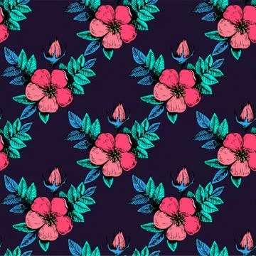 Seamless pattern with regular vintage dog rose flowers. Stock Illustration