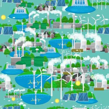 Seamless pattern renewable ecology energy, green city power alternative Stock Illustration