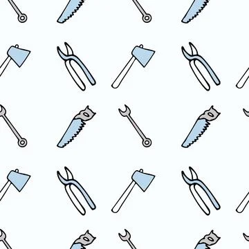 Seamless pattern with repair tools on a blue background, hatchet, ax, pliers 스톡 일러스트