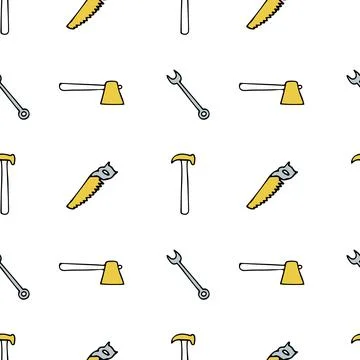 Seamless pattern with repair tools, hatchet, ax, pliers, saw, box wrench. Illustrazione stock
