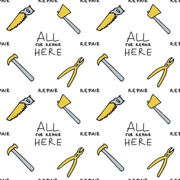 Seamless pattern with repair tools, hatchet, ax, pliers, saw, hammer. Lettering 스톡 일러스트