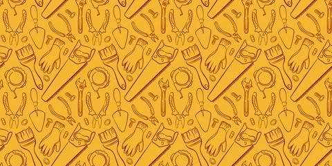 Seamless pattern of repair tools in line art style on yellow background. Design Stock Illustration