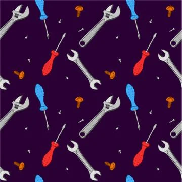 Seamless pattern of repair tools. Screwdrivers, wrenches on a blue background. 库存插图