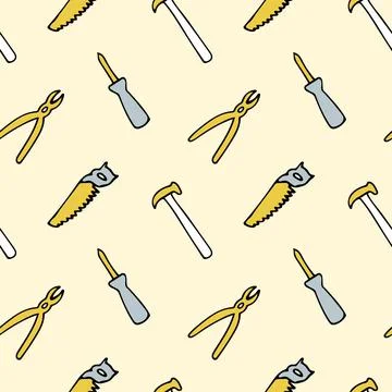 Seamless pattern with repair tools on a yellow background, screwdriver, pliers Illustrazione stock