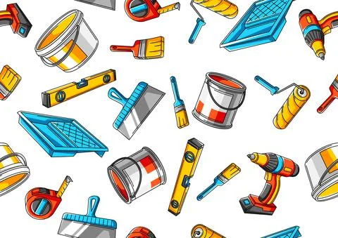 Seamless pattern with repair working tools. Equipment for construction industry. Stock Illustration