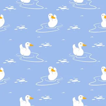Seamless Pattern Repeatable Texture Summer Spring Cute Duck Swan Pond Stock Illustration
