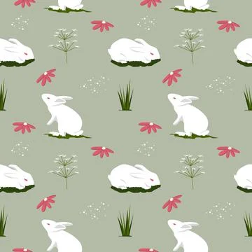 Seamless Pattern Repeatable Texture Summer Spring Cute Rabbit Bunny Nature Stock Illustration