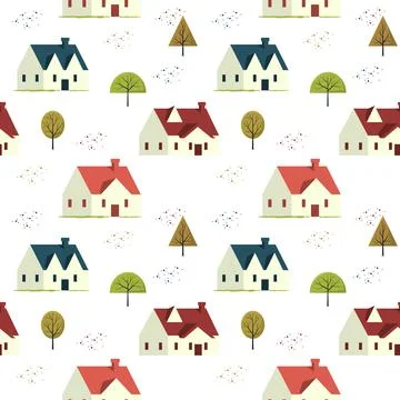Seamless Pattern Repeatable Texture Summer Spring House Tree Nature Paper Fab Stock Illustration