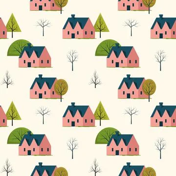 Seamless Pattern Repeatable Texture Summer Spring House Tree Nature Paper Fab Stock Illustration