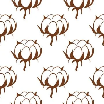 Seamless pattern with a repeating brown cotton plant flower on a white Stock Illustration