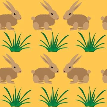 Seamless pattern with repeating rabbits rows and grass bushes Illustrazione stock