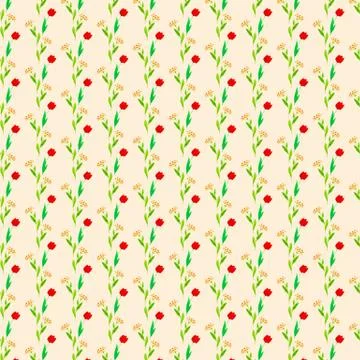 Seamless pattern. Repeating small  pink and yellow flowers. Beige background. 스톡 일러스트