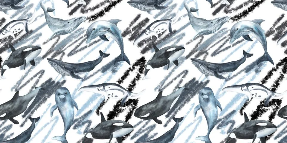 Seamless pattern. Repeating texture with marine mammals. Watercolor illustration Stock Illustration