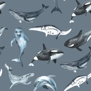 Seamless pattern. Repeating texture with marine mammals. Watercolor illustration Stock Illustration