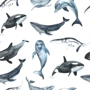 Seamless pattern. Repeating texture with marine mammals. Watercolor illustration Stock Illustration