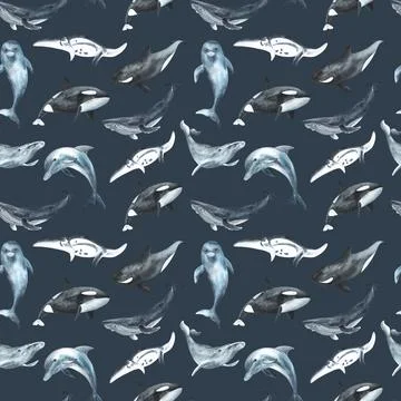 Seamless pattern. Repeating texture with marine mammals. Watercolor illustration Stock Illustration