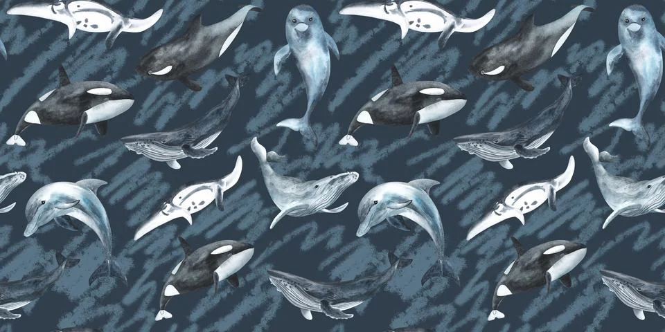Seamless pattern. Repeating texture with marine mammals. Watercolor illustration Stock Illustration