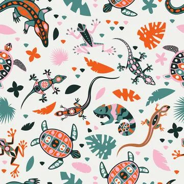 Seamless pattern with reptiles and tropical leaves. Vector illustration of li Illustrazione stock