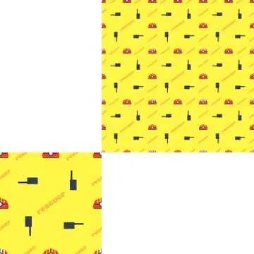 Seamless pattern of Rescue and fire with plastic helmets, radio and orange te Stock Illustration