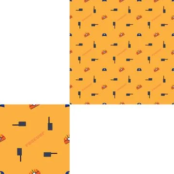 Seamless pattern of Rescue and fire with helmets, radio and orange text on th Stock Illustration