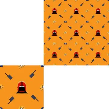 Seamless pattern of Rescue and fire with gray radio and helmets on the yellow Stock Illustration