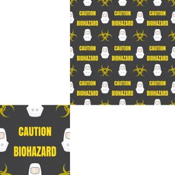 Seamless pattern of Rescue and fire with biohazard sign, yellow text and whit Illustrazione stock