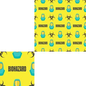 Seamless pattern of Rescue and fire with biohazard text and turquoise helmets Stock Illustration