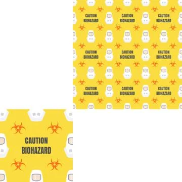 Seamless pattern of Rescue and fire with biohazard signs, gray text and white Stock Illustration