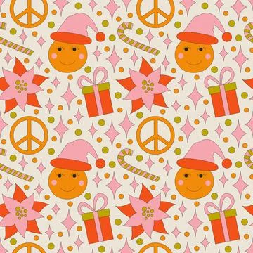 Seamless pattern with retro 70s style Christmas elements. Stock Illustration
