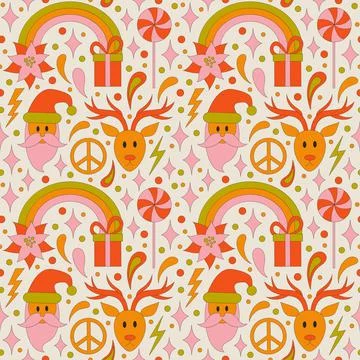 Seamless pattern with retro 70s style Christmas elements. Stock Illustration