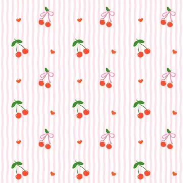 Seamless pattern retro 90s cute red cherries and red hearts on groovy wavy .. Stock Illustration