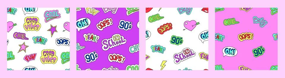 Seamless Pattern Retro 90s set. Handdrawn doodle stickers with speech bubbl.. Stock Illustration