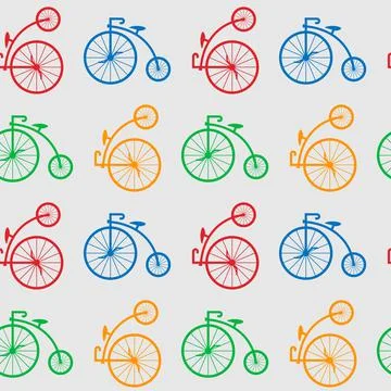 Seamless pattern with retro big wheel bicycles. multicolored antique old bicy Stock Illustration