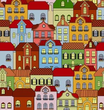 Seamless pattern with retro buildings and houses Ilustración de archivo