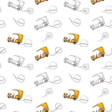 Seamless pattern with retro car in cartoon style. Color and black outline knock Stock Illustration