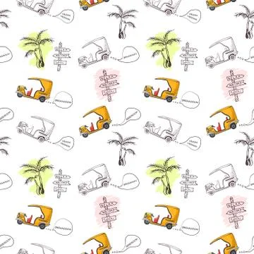 Seamless pattern with retro car in cartoon style. Color and black outline knock Stock Illustration