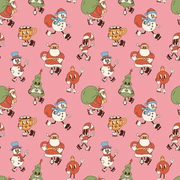 Seamless pattern with retro cartoon Christmas characters on a pink background Stock-Illustration