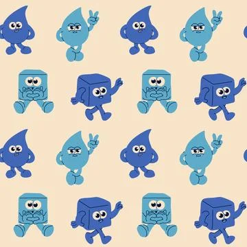 Seamless pattern with Retro Cartoon Water Drop and Ice Cube Characters Illustrazione stock