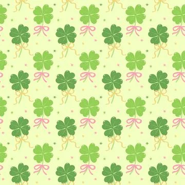 Seamless Pattern Retro Coquette St Patricks Day four Leaf Clover with Bow w.. Stock Illustration
