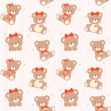 Seamless Pattern Retro Coquette Teddy Bear with Red Bow Cartoon Hand Drawn .. Stock Illustration