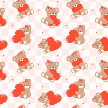 Seamless Pattern Retro Coquette Teddy Bear with Red Heart Cartoon Hand Draw.. Stock Illustration