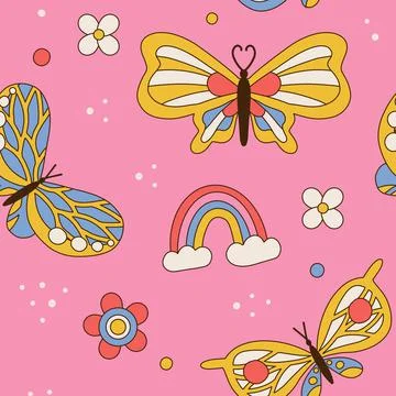 Seamless pattern with retro daisies, butterflies and rainbow. Summer simple Illustrazione stock
