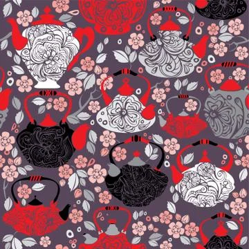 Seamless pattern with retro design china tea pots and sakura flowers - vintag Stock Illustration