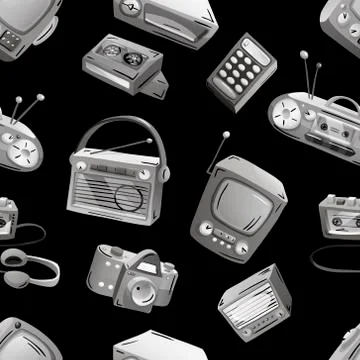 Seamless pattern with retro devices in grayscale Stock Illustration