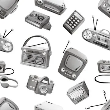 Seamless pattern with retro devices in grayscale. Stock Illustration