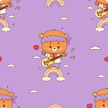 Seamless pattern with retro groovy hippy bear boy. Cute animal with guitar .. 库存插图