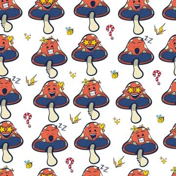 Seamless pattern with retro groovy mushroom cartoon characters and emotion ic イラスト素材