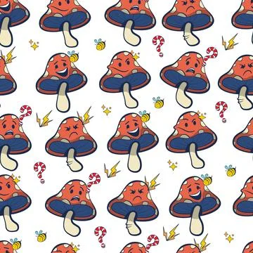 Seamless pattern with retro groovy mushroom cartoon characters and emotion ic Ilustração Stock